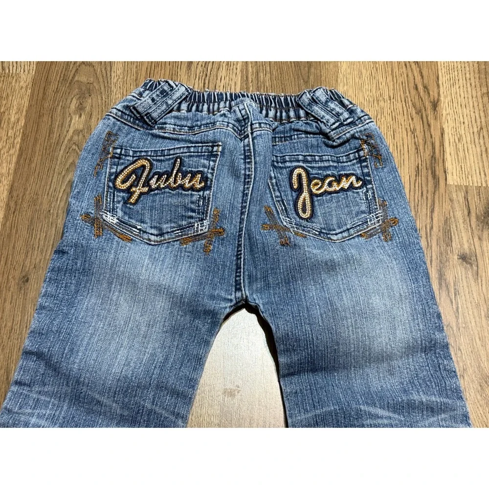 FUBU Jeans Girl Size 4T Blue Denim Flare The Collection Rhinestone Logo